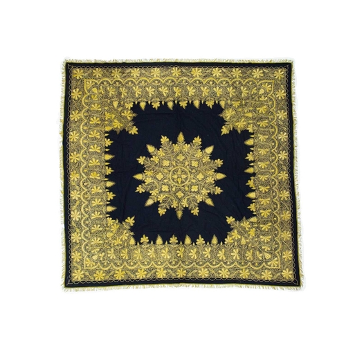 571 - An Ottoman gold thread embroidered cloth. Early 20th century, black woolen fabric with handsewn intr... 