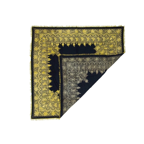 571 - An Ottoman gold thread embroidered cloth. Early 20th century, black woolen fabric with handsewn intr... 