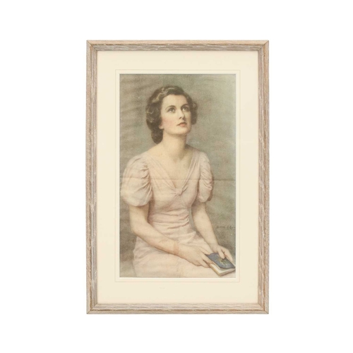 582 - Portrait of a lady on silk. Print, after the painting by Albert HENRY COLLINGS (1868-1947), framed a... 