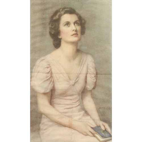 582 - Portrait of a lady on silk. Print, after the painting by Albert HENRY COLLINGS (1868-1947), framed a... 