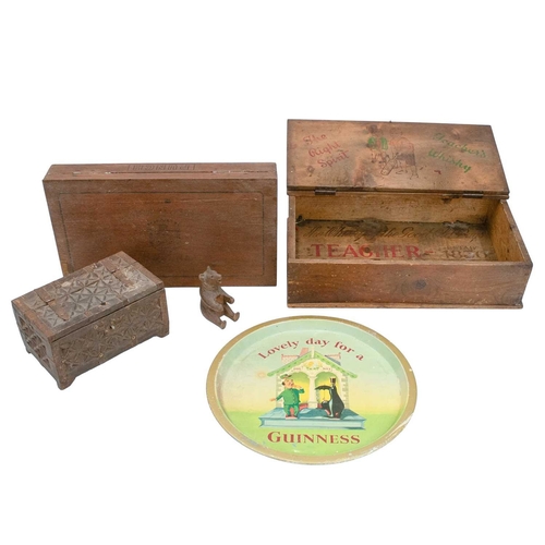 6 - A Guinness advertising tray. Zoo keeper design, diameter 32cm, with a Teacher's Whisky pine box, 'Th... 