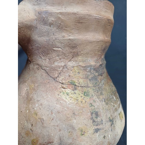 601 - An English medieval jug. 14th-15th century, so-called Border ware, with a grooved cylindrical neck, ... 