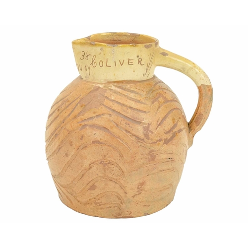 637 - A West Country documentary jug, probably Barnstaple. Dated 1838, and incised George Coliver, Newquay... 