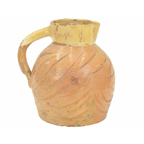 637 - A West Country documentary jug, probably Barnstaple. Dated 1838, and incised George Coliver, Newquay... 