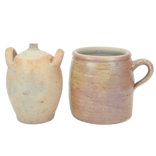 641 - A French stoneware confit pot. Circa 1900, height 24cm, together with a twin handled French flagon, ... 