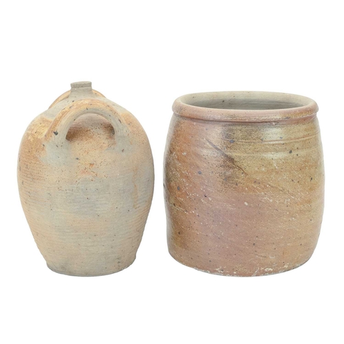 641 - A French stoneware confit pot. Circa 1900, height 24cm, together with a twin handled French flagon, ... 