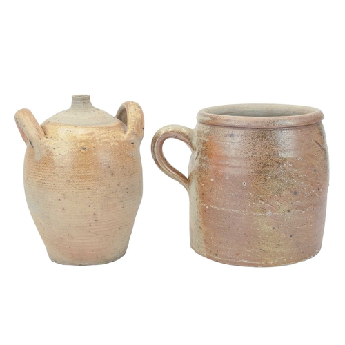 641 - A French stoneware confit pot. Circa 1900, height 24cm, together with a twin handled French flagon, ... 
