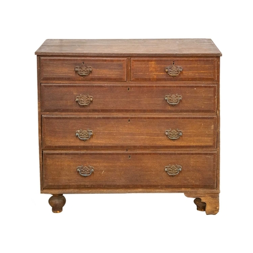 672 - A late George III oak and crossbanded chest. Fitted two short and three graduated long drawers, heig... 