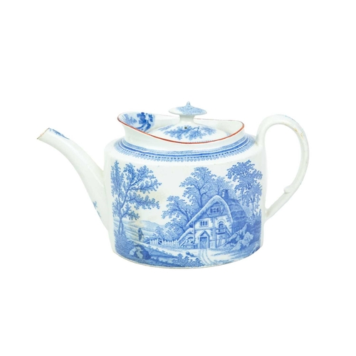 674 - A Davenport oval teapot and cover. Circa 1810, printed with blue and white bucolic scenes of a figur... 