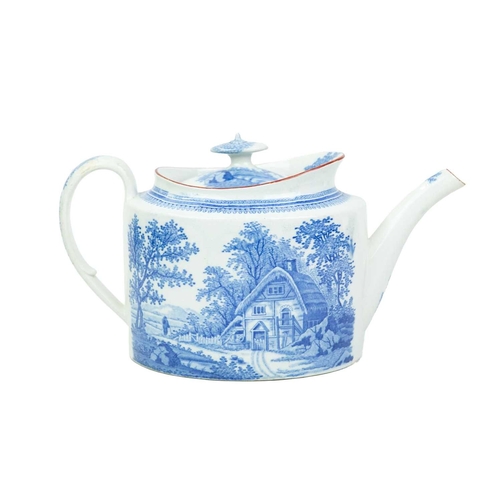 674 - A Davenport oval teapot and cover. Circa 1810, printed with blue and white bucolic scenes of a figur... 