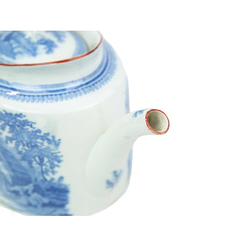 674 - A Davenport oval teapot and cover. Circa 1810, printed with blue and white bucolic scenes of a figur... 