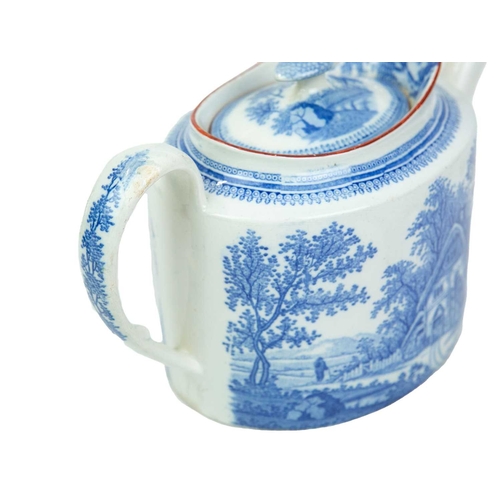 674 - A Davenport oval teapot and cover. Circa 1810, printed with blue and white bucolic scenes of a figur... 
