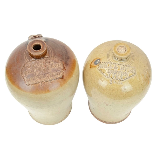 693 - Two slab seal stoneware flagons. 19th century, one for Walker & Routledge, Doncaster 2 gallons, the ... 