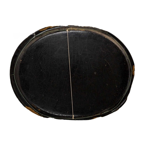 7 - An early Victorian black lacquered tea tray. The bracketed border painted with iron red, green and g... 