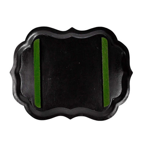 7 - An early Victorian black lacquered tea tray. The bracketed border painted with iron red, green and g... 