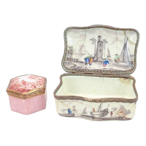 74 - A hexagonal enamel patch box. 18th century, South Staffordshire or Battersea, the cover painted puce... 