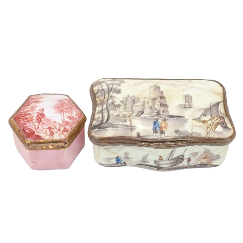 74 - A hexagonal enamel patch box. 18th century, South Staffordshire or Battersea, the cover painted puce... 