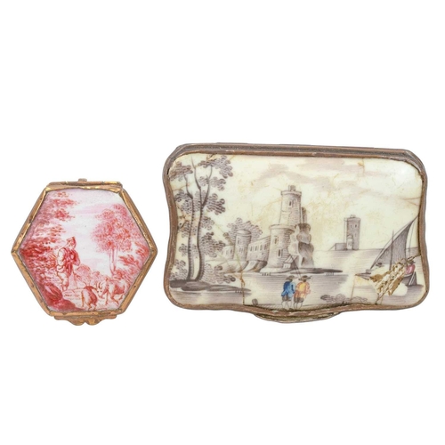 74 - A hexagonal enamel patch box. 18th century, South Staffordshire or Battersea, the cover painted puce... 