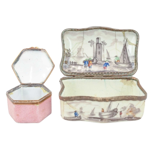 74 - A hexagonal enamel patch box. 18th century, South Staffordshire or Battersea, the cover painted puce... 