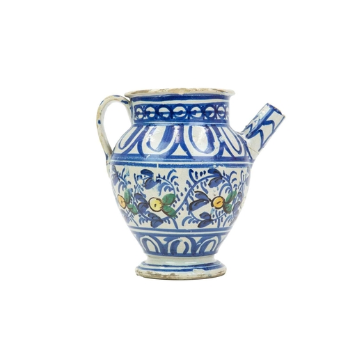 751 - A Continental faience twin handled jar. Possible French or Spanish, 18th/19th century, the ochre gro... 