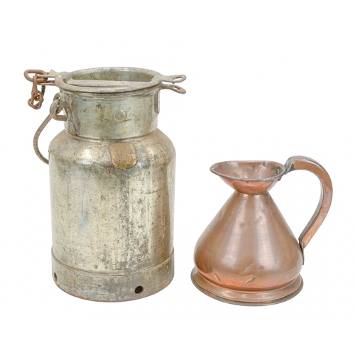 760 - A small galvanised metal milk churn. Marked 'H & H 1 Gal'. Height 42.5cm. Together with a copper qua... 