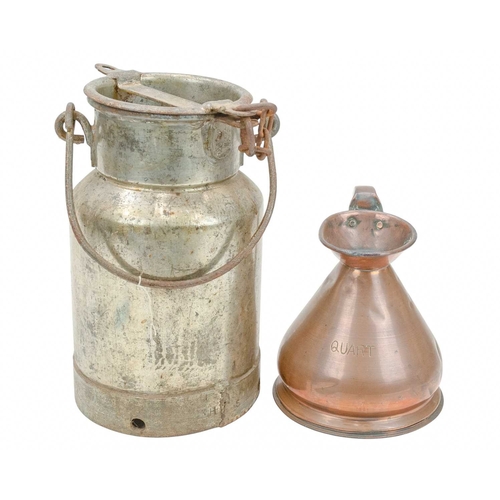 760 - A small galvanised metal milk churn. Marked 'H & H 1 Gal'. Height 42.5cm. Together with a copper qua... 