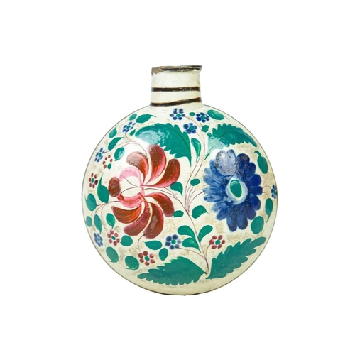 784 - A small documentary pearlware flask. Probably Scottish, painted with floral motifs, and incised with... 