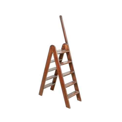 789 - A set of elm folding library steps. Circa 1900, with two sets of five treads and a pole, height 160c... 