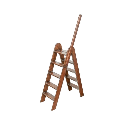 789 - A set of elm folding library steps. Circa 1900, with two sets of five treads and a pole, height 160c... 