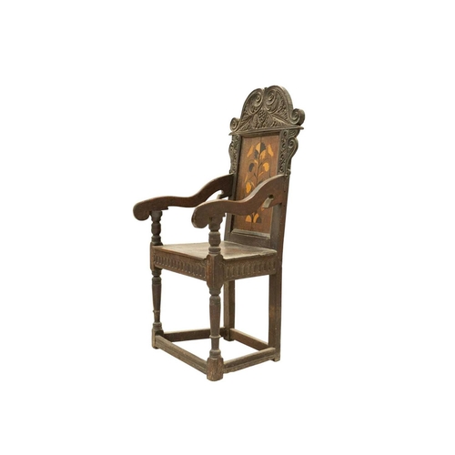 795 - A joined oak and marquetry inlaid wainscot armchair. 17th century in part, probably Yorkshire, with ... 