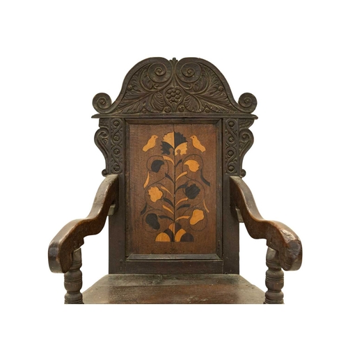 795 - A joined oak and marquetry inlaid wainscot armchair. 17th century in part, probably Yorkshire, with ... 