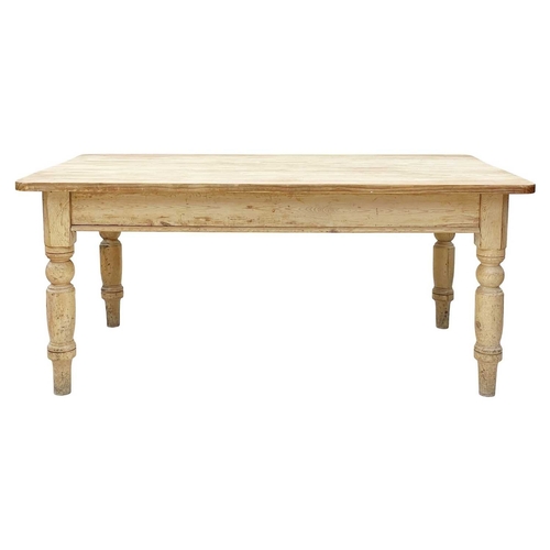 804 - A large late Victorian pine kitchen table. Fitted an end drawer, raised on turned legs, height 77cm,... 