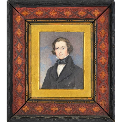 815 - Attributed to James Warren Childe (1780-1862). Portrait of a young gentleman, 8x6.2cm, in a carved a... 