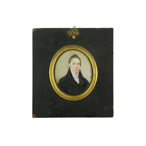 817 - English school, circa 1820. Miniature portrait of a gentleman wearing a black frock coat, 7.2 x 6.1c... 