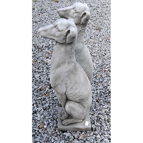 882 - A pair of reconstituted stone whippets. Raised on rectangular bases. Height 56cm, width 14.5cm, dept... 