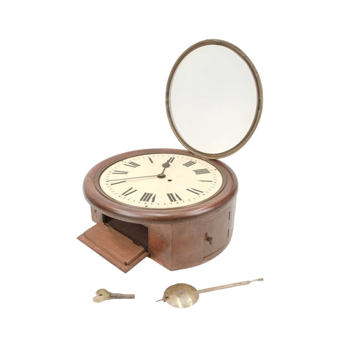 886 - A late Victorian mahogany circular fusee wall clock. With a cream painted 30cm (12