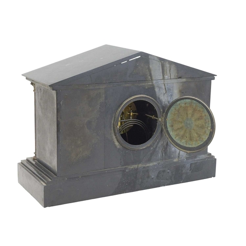 887 - A Victorian black slate mantel clock. The case of architectural form, with a bronzed pediment and fi... 