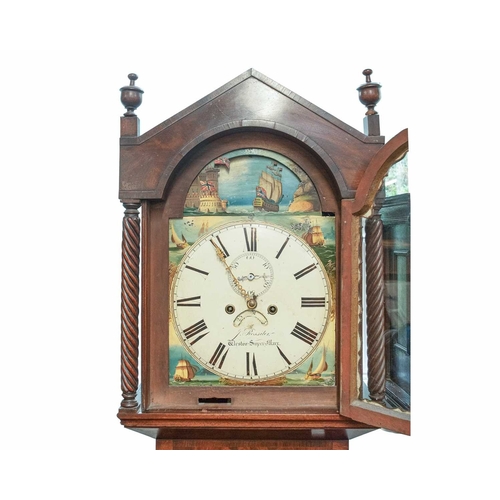 893 - A 19th century mahogany and crossbanded eight day longcase clock. The arched painted dial with a sai... 