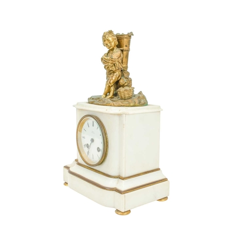 901 - A French white marble and ormolu mantel clock. Late 19th century, retailed by Connell, Cheapside (Lo... 