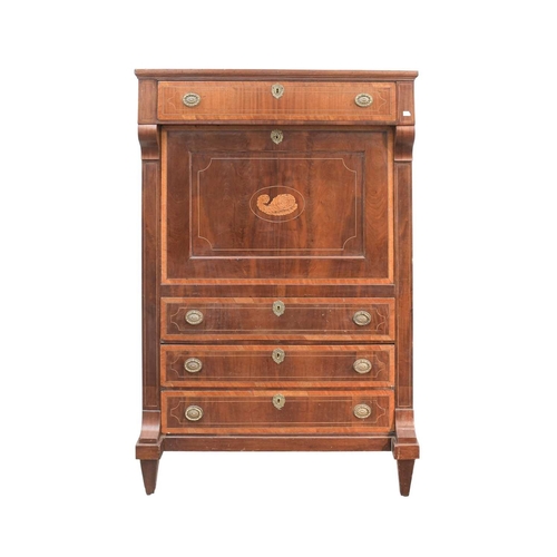 918 - A 19th century French mahogany and inlaid secrataire abbatant With a marble top above a frieze drawe... 