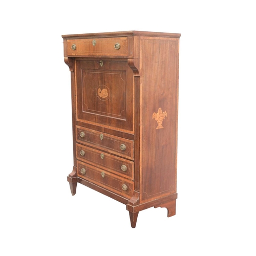 918 - A 19th century French mahogany and inlaid secrataire abbatant With a marble top above a frieze drawe... 