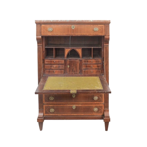 918 - A 19th century French mahogany and inlaid secrataire abbatant With a marble top above a frieze drawe... 