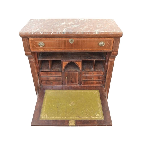 918 - A 19th century French mahogany and inlaid secrataire abbatant With a marble top above a frieze drawe... 