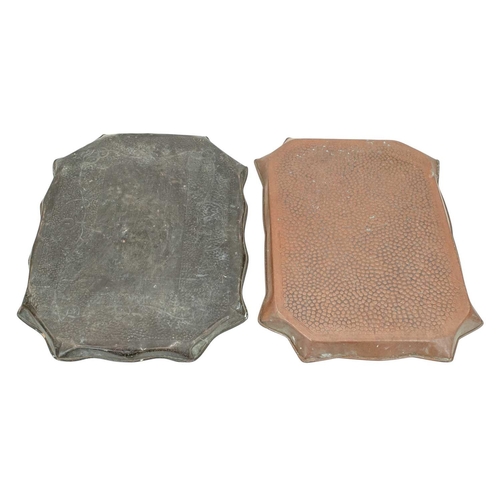 94 - Two Arts and Crafts copper trays. Both with wavy rims, one repousse decorated with leaves and Celtic... 
