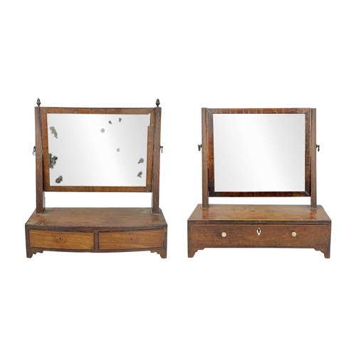 955 - A George III mahogany swing toilet mirror. Of small proportions, the base fitted a single drawer, he... 
