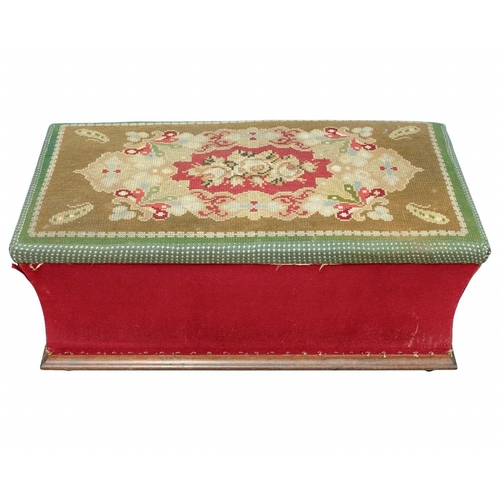 956 - A Victorian upholstered ottoman. The hinged woolwork top with a floral pattern, waisted sides, on a ... 