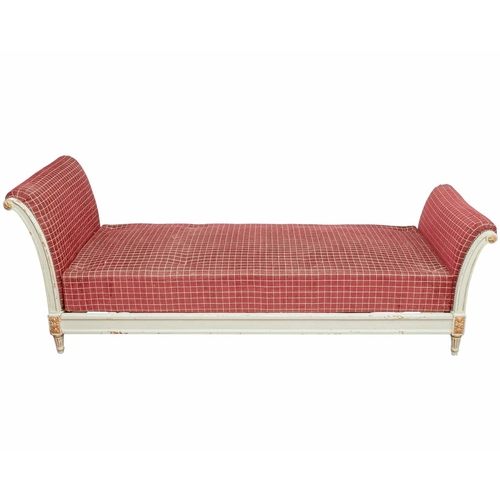 965 - A continental painted pine daybed/couch. 19th century, with stud edged check upholstery, grey and gi... 