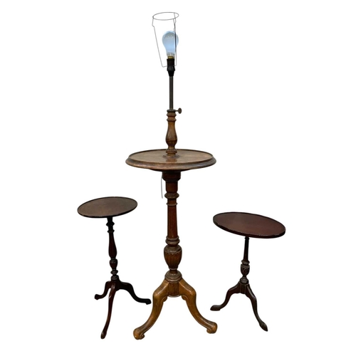 970 - A mahogany and stained beech tripod lamp table. Early 20th century, height 129cm, together with two ... 