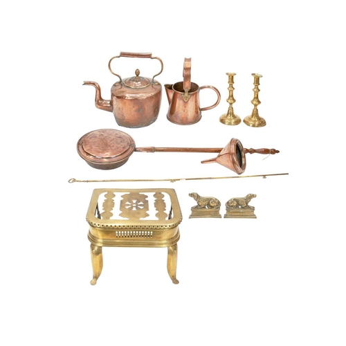 98 - A collection of 19th century and later copper and brassware. Comprising a pierced brass footman or t... 