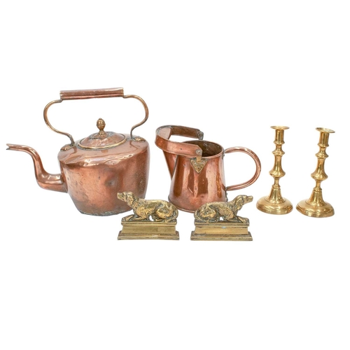 98 - A collection of 19th century and later copper and brassware. Comprising a pierced brass footman or t... 